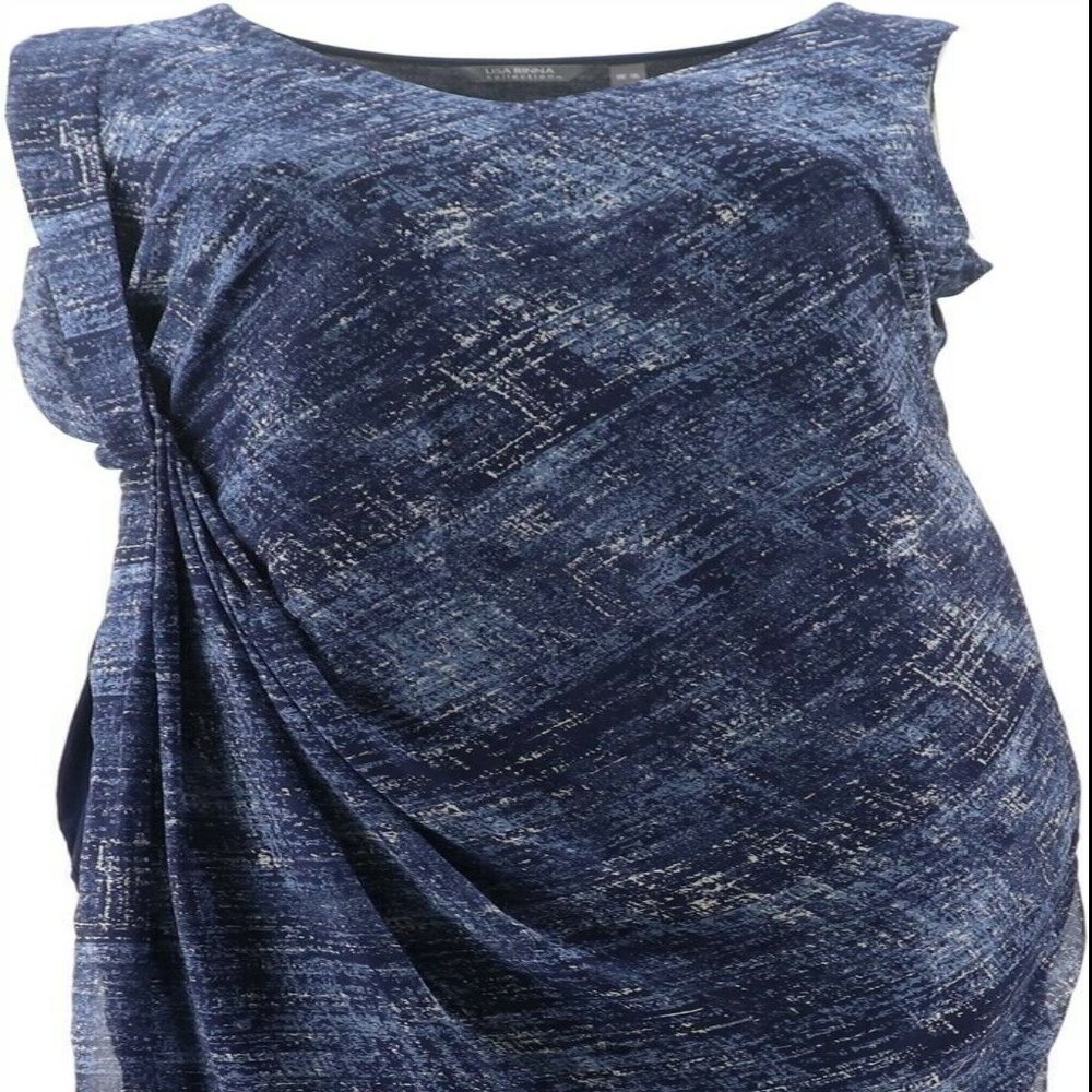 Lisa Rinna Collection Printed Gathered Waist Dress Evening Navy M